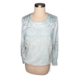 TINY Anthropologie Light Blue Satin Lace Long Sleeve Blouse Women's Size Large